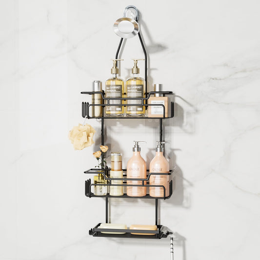 SWTYMIKI Shower Caddy Hanging - Extended Length 3 Tier Rustproof Shower Organizer Hanging, No Drilling Shower Shelves with 16 Hooks & Soap Holder, Anti-Swing Rack, Black