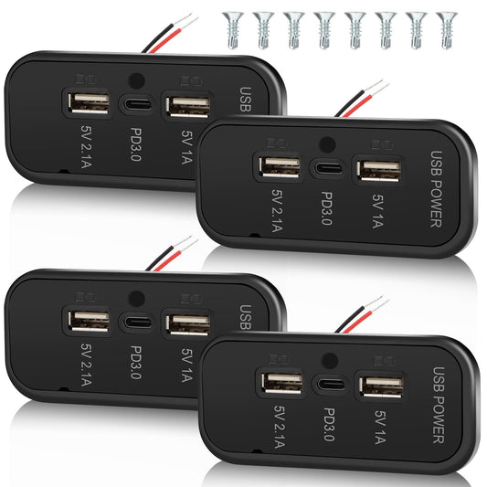 Gibbab 4PCS 3 Ports 12V RV USB Outlet 45.5W, PD3.0 Type-C Quick Charge & Dual A Port 3.1A Panel Wall Mount, Automotive Car Socket Charger Adapter for RV Marine Boat Bus ATV Motorcycle Truck