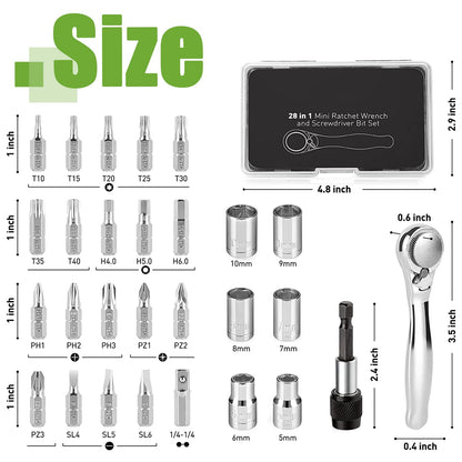 Bestgle Mini Ratchet Set 28 in-1 Right Angle Screwdriver and Bit with Metric Socket Set 1/4 Inch 72 Tooth Small Ratcheting Wrench Low Profile Offset Screwdriver Stubby Ratchet Kit for Tight Spots