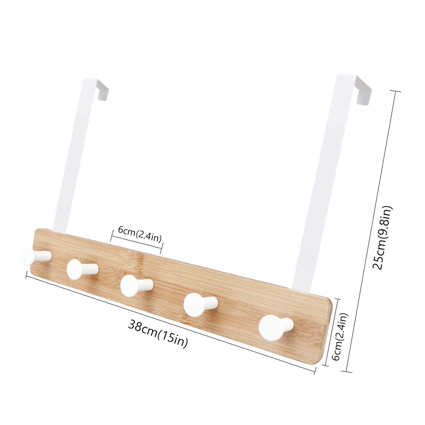 Over The Door Hook Hanger, Bamboo Coat Rack with 5 Metal Hooks, Wood Clothes Organizer for Coat, Towels, Bags, Robes (White)