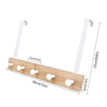 Over The Door Hook Hanger, Bamboo Coat Rack with 5 Metal Hooks, Wood Clothes Organizer for Coat, Towels, Bags, Robes (White)
