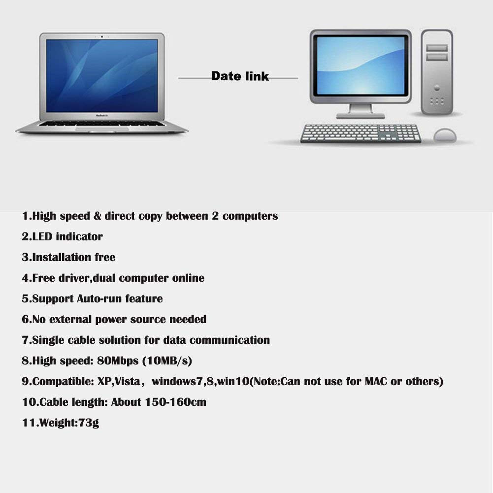 Unifire® High Speed USB Pc to Pc Online Share Sync Link Net Direct Data File Transfer Bridge LED Cable Easy Copy Between 2 Computer