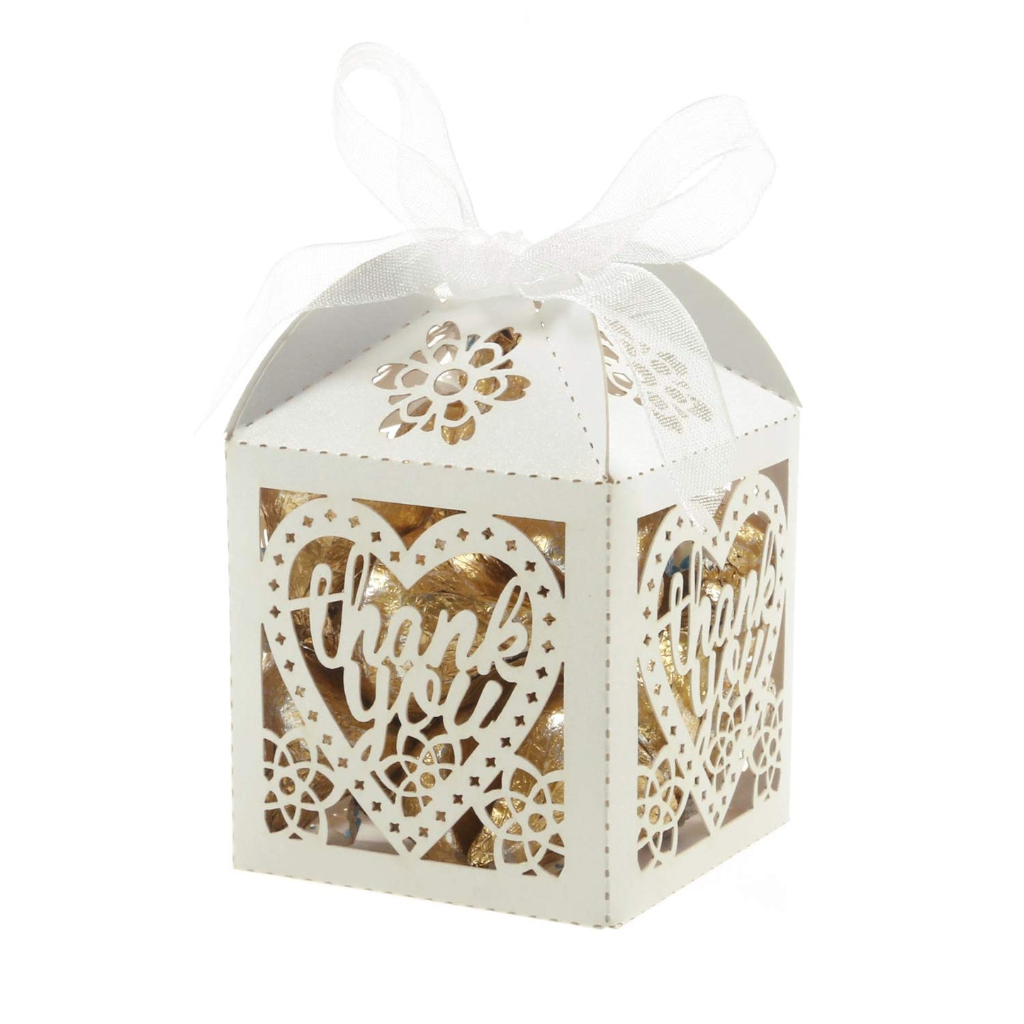 COTOPHER Laser Cut Boxes, 100pcs Thank You Gift Boxes Wedding Party Favor Boxes Lace Candy Boxes for Wedding Bridal Shower Baby Shower Birthday Party Decorations with Ribbons (2x2x2.75inch, White, 100