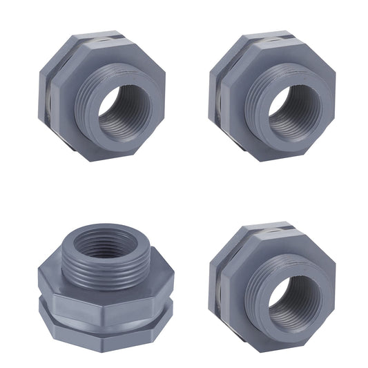 UgyDuky 4 Pieces PVC Bulkhead Fitting for Rain Barrels, Aquariums, Water Tanks, Tubs, Pools - Grey (1/2 Inch)