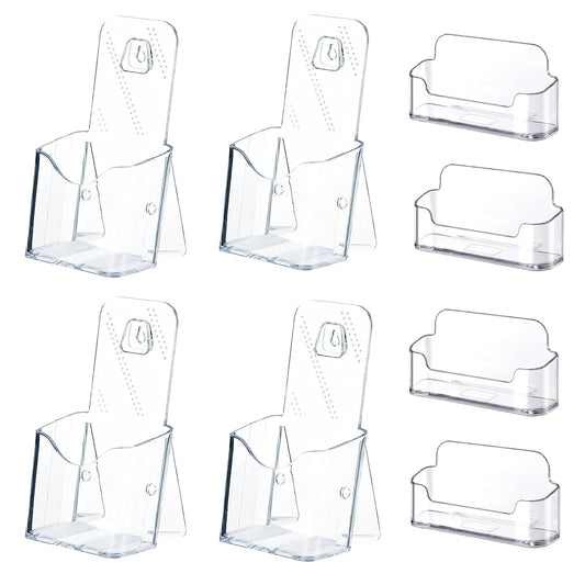 MYLEUS 4Pcs Acrylic Brochure Holder with 4 Business Card Holder, Office Tabletop Wall Mount Organizer, Brochure Display Stand, Trifold Holder Stand, Menu,Booklet, Literature, Display for Countertop
