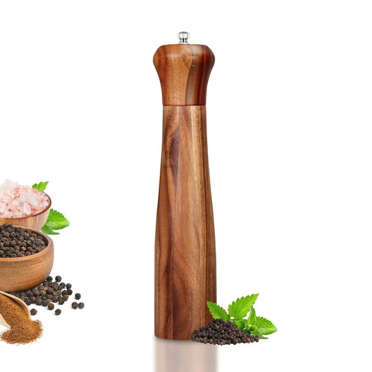 Acacia Wood Pepper Grinder Pepper Mill, 10 Inches Wooden Peppermill with Adjustable Coarseness, Ceramic Grinding Motor Salt Shaker Refillable for Home Kitchen