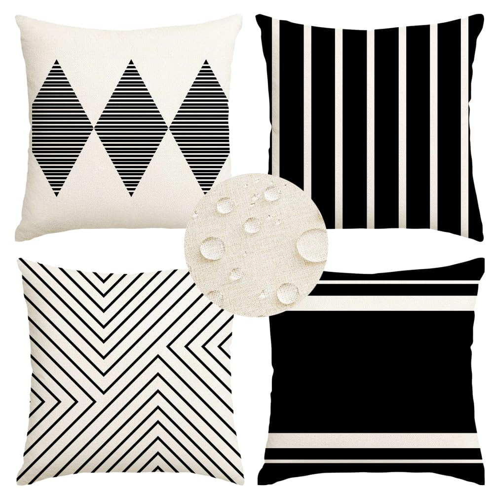 RABUSOFA Black and White Pillow Covers 18x18 Inch Set of 4,Outdoor Pillows Waterproof Boho Farmhouse Decroaions Cushion Cases for Sofa Couch Patio Furniture (03-B18)