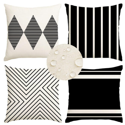 RABUSOFA Black and White Pillow Covers 18x18 Inch Set of 4,Outdoor Pillows Waterproof Boho Farmhouse Decroaions Cushion Cases for Sofa Couch Patio Furniture (03-B18)