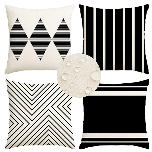 RABUSOFA Black and White Pillow Covers 18x18 Inch Set of 4,Outdoor Pillows Waterproof Boho Farmhouse Decroaions Cushion Cases for Sofa Couch Patio Furniture (03-B18)