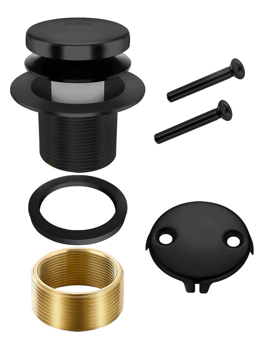 Tip-Toe Bathtub Drain Stopper, Tub Drain Set with 2-Hole Overflow Faceplate and Universal Fine/Coarse Thread, Bath Tub Plug Kit Assembly Fits 1-3/8" or 1-1/2" Bath Drain (Black)
