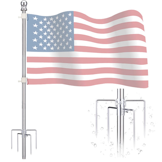 Flag Poles for Outside in Ground - 8ft Flag Pole for House Ground with 5 Pronges Base - Stainless Steel Heavy Duty Outdoor Yard Flag Pole Kit for American Flag Garden Decoration