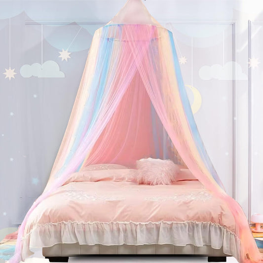 Rainbow Mosquito Net Bed Canopy for Girls, Multi-Colored Canopy Bed Curtains Full Queen Size from Ceiling, Dome Mosquito Netting Bed Tent Twin Girls Princess Canopy King Bed Decor