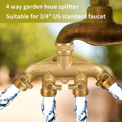 Garden Hose Splitter 4 Way, 3/4" Water Splitter with 8 Gaskets and 1 Seal Tape, 4 Way Independent Valve Heavy Duty Brass Body Garden Hose Connector for Gardens, Home Life, Household Use
