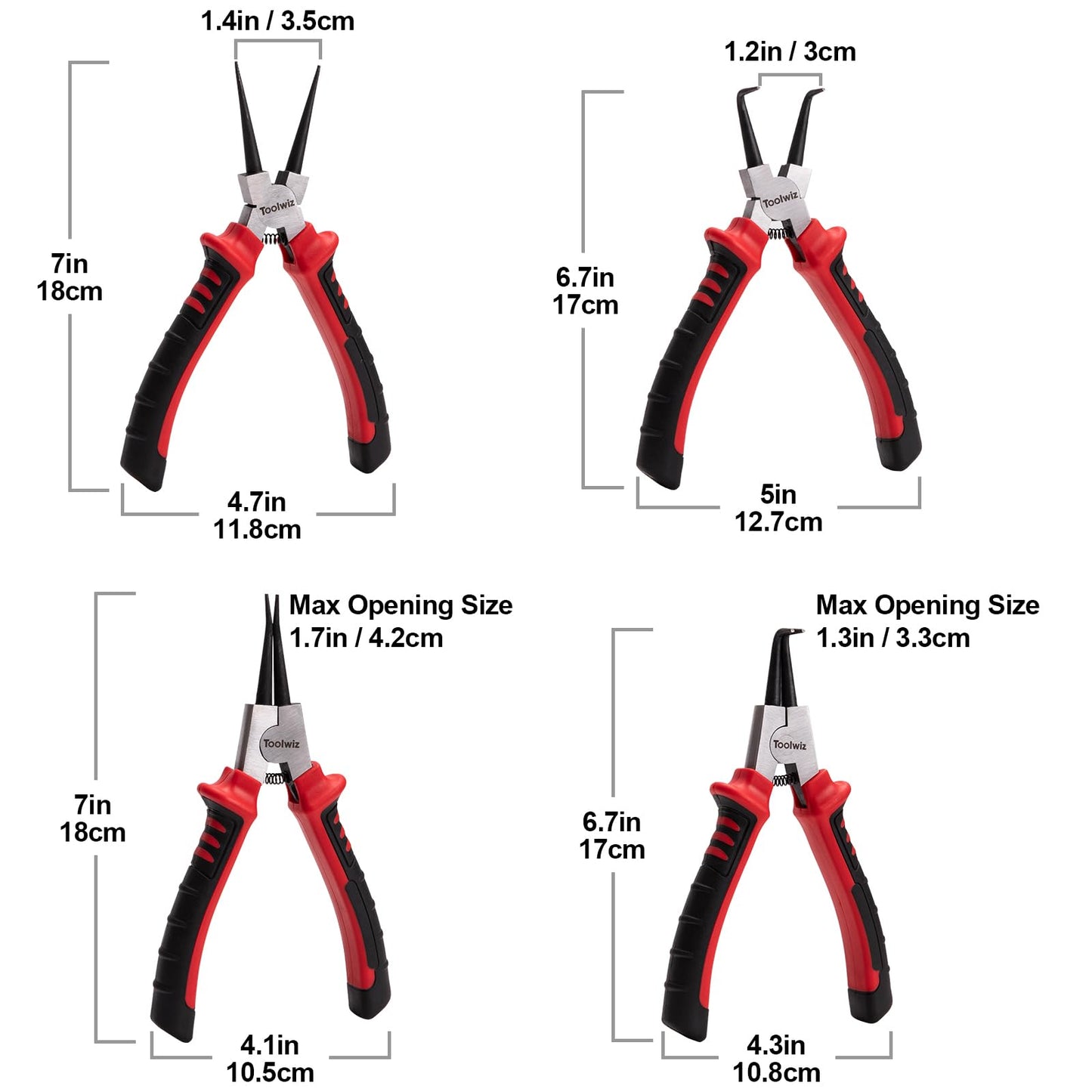 Toolwiz 4 Pcs Snap Ring Pliers Set, 7-inch Internal/External Circlip Pliers, Tip Diameter 5/64'' C Clip Pliers, Straight/Bent Jaw Snap Ring Tool for Ring Removal and Installation, with Storage Pouch