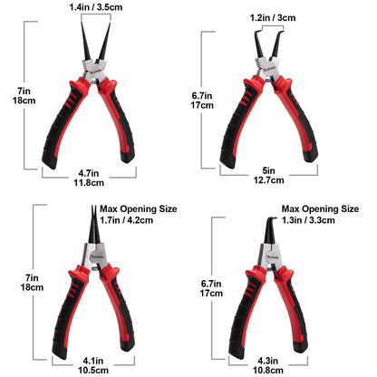 Toolwiz 4 Pcs Snap Ring Pliers Set, 7-inch Internal/External Circlip Pliers, Tip Diameter 5/64'' C Clip Pliers, Straight/Bent Jaw Snap Ring Tool for Ring Removal and Installation, with Storage Pouch