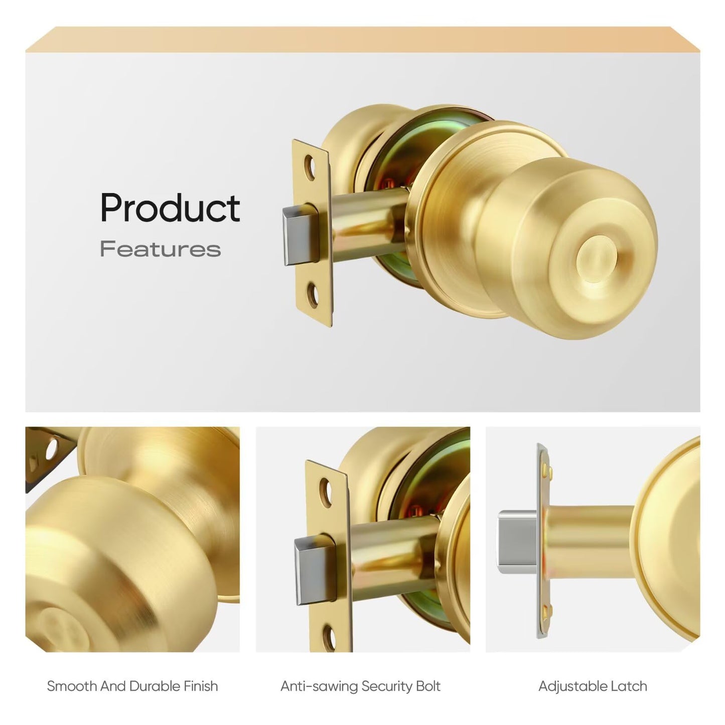 Leydebong 1 Pack Classic Gold Passage Door Knob Closet Door Knob, Satin Brass Door Knob for Interior/Hallway/Closet Doors, Interior Door Knobs
