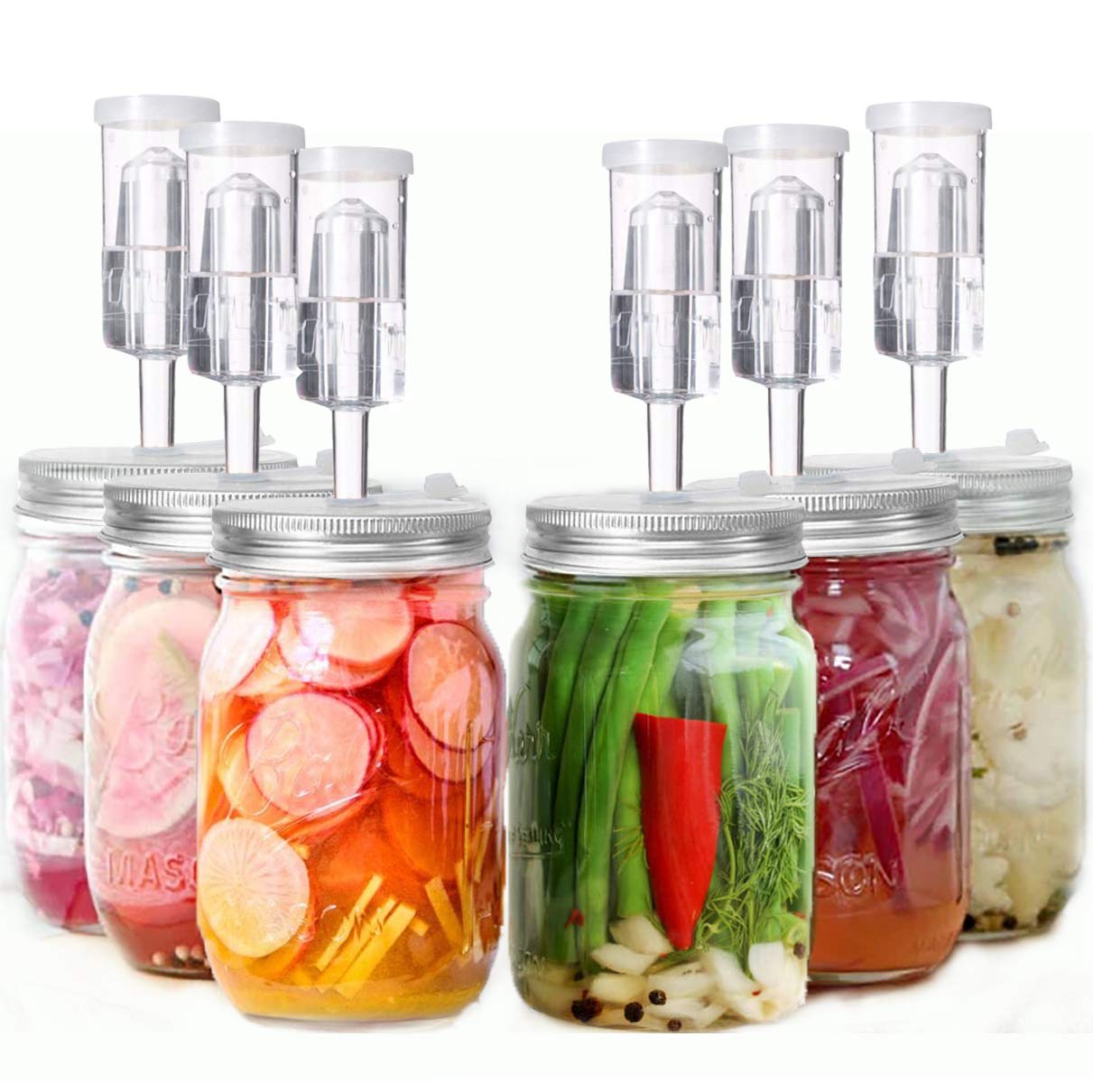 6 Set Fermentation Lids, Fermentation Kit for Wide Mouth Jars, Stainless Steel Fermenting Lids with 9 Silicone Grommets, 6 Airlocks, 6 Silicone Rings(Jars Not Included)
