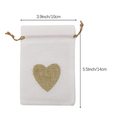 30pcs Burlap Bags, Jute Drawstring Pouches Wedding Gift Bags Jewelry Candy Pouch for Wedding Shower Birthday Christmas Party Favors DIY Craft (White with Brown Heart)