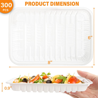 WRINGKIT 300 Pack White Plastic Meat Tray, 8 Inch Rectangular Disposable Plates, Mineral Filled PP Supermarket Meat Trays, Heavy-Duty Plastic Dinner Dessert Plates for Party Restaurant