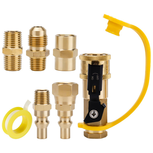 7pcs RV Propane Quick Connect Fittings Adapter Valve Kit, 3/8" Flare x 1/4" NPT Male Female Brass Quick Connect Plug Couplers Pipe Nipple for Low Pressure Gas Appliance Grills Heaters BBQ