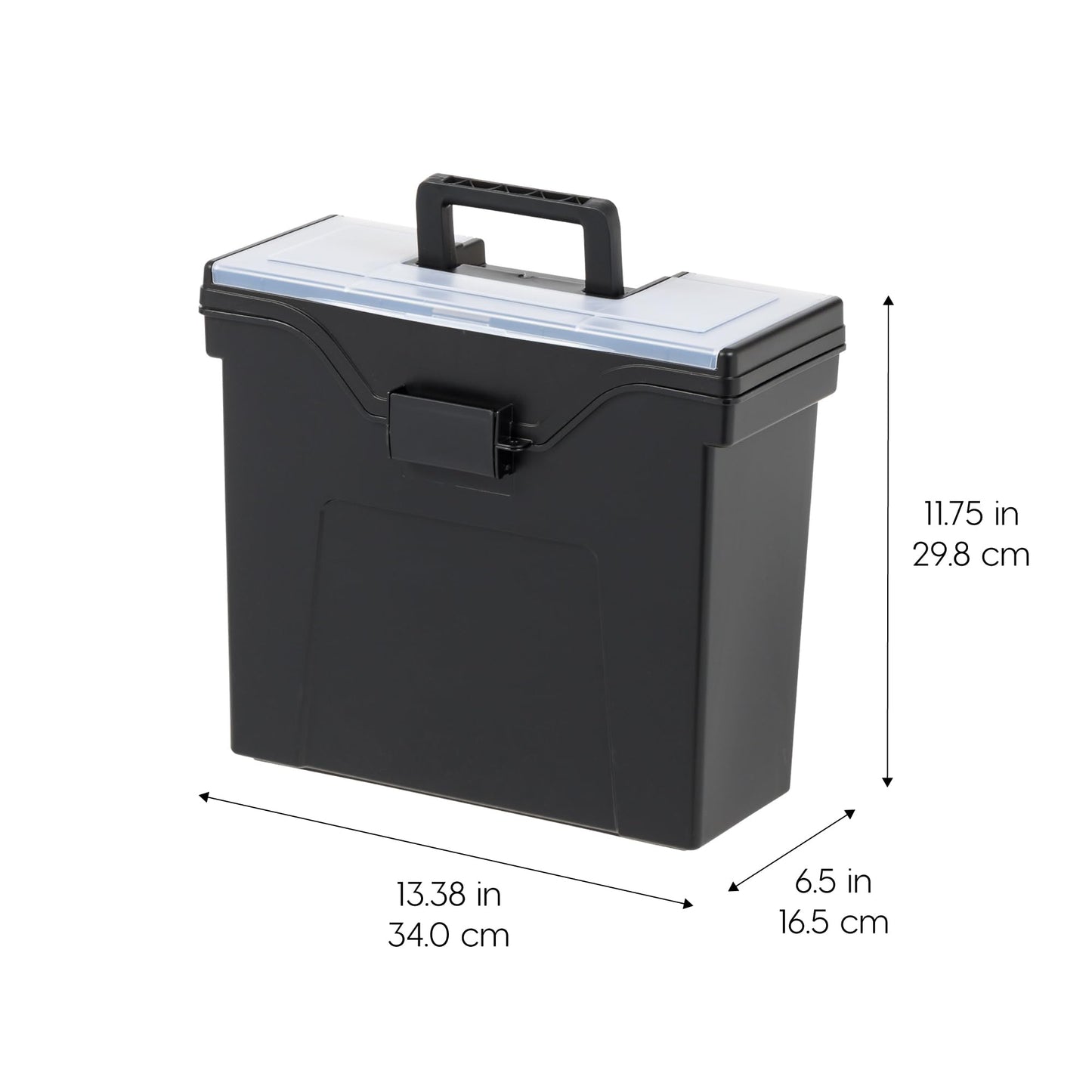 IRIS USA Portable File Box With Handle, Slim w/Organizer Lid, Plastic File Organizer Box for Letter Files, Hanging Filing Folder Organizer, Lockable, Secure Buckle, Black