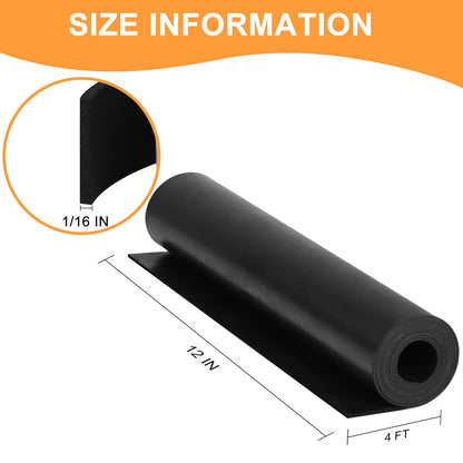 VUAOHIY Neoprene Rubber Sheet, Solid Rubber Seal Strips for DIY Gasket Materials, Oil-Resistance, Sound Reduce and Anti-Slip for Flooring, Pads, Bumpers, Supports (12In x 1/16In x 4Ft)