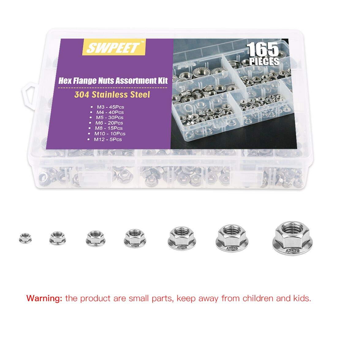 165Pcs 304 Stainless Steel Serrated Metric Flange Nuts Hex Lock Nuts Assortment Kit, 7 Sizes - M3 M4 M5 M6 M8 M10 M12