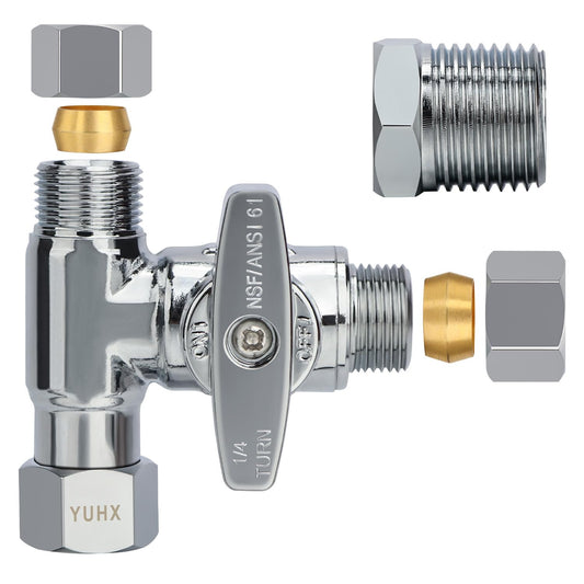 YUHX Brass Angle Stop Add-A-Tee Valve for TOTO Washlet Bidet and Handheld Sprayer, 3/8 Compression Connector 3 Way Diverter 3/8" x3/8" x3/8" or 1/2" Toilet T Adapter