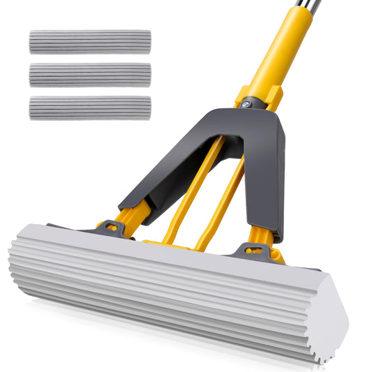 Sponge Mops, Self Wringing Mop with 3pcs Absorbent Sponge Head, Hand Wash Free Mop with 50" Long Handle, for Hardwood Laminate Tile Marble Floor Cleaning