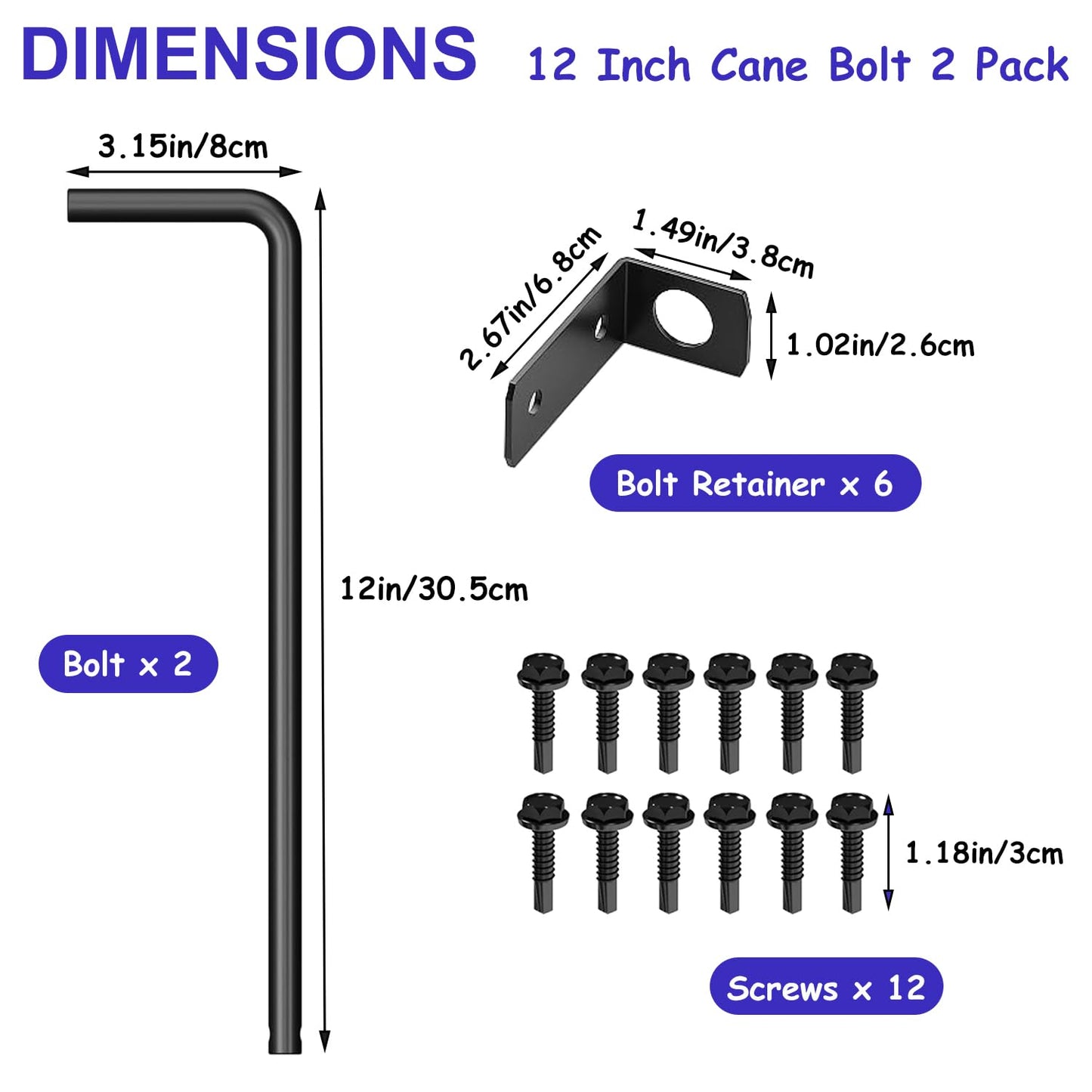 Matomtak 2 Pack 12 Inch Heavy Duty Cane Bolt Gate Drop Rod Extra Thick Hardware Ground Latch Dia of 19/32" Gate Bolt for Wood PVC Vinyl Metal Fences Gates