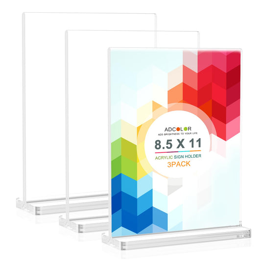 ADColor Acrylic Sign Holder 8.5 x 11 Vertical, Double Sided Clear Stand for Desktop Display Brochure Flyer Ad Poster, Plastic Table Document Menu Sign Holder for Picture Photo Frame, Office School Commercial Use-3pack