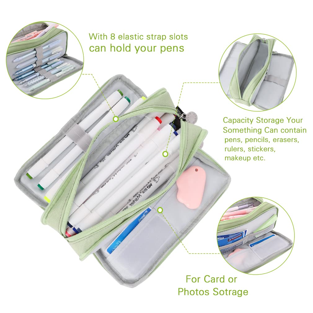 iSuperb Large Pencil Case 3 Compartments Pencil Pouch Big Capacity Pencil Bag Oxford Stationery Storage Pen Bag Cosmetic Makeup Pouch for Women Girls (Green)