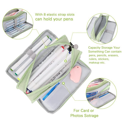 iSuperb Large Pencil Case 3 Compartments Pencil Pouch Big Capacity Pencil Bag Oxford Stationery Storage Pen Bag Cosmetic Makeup Pouch for Women Girls (Green)