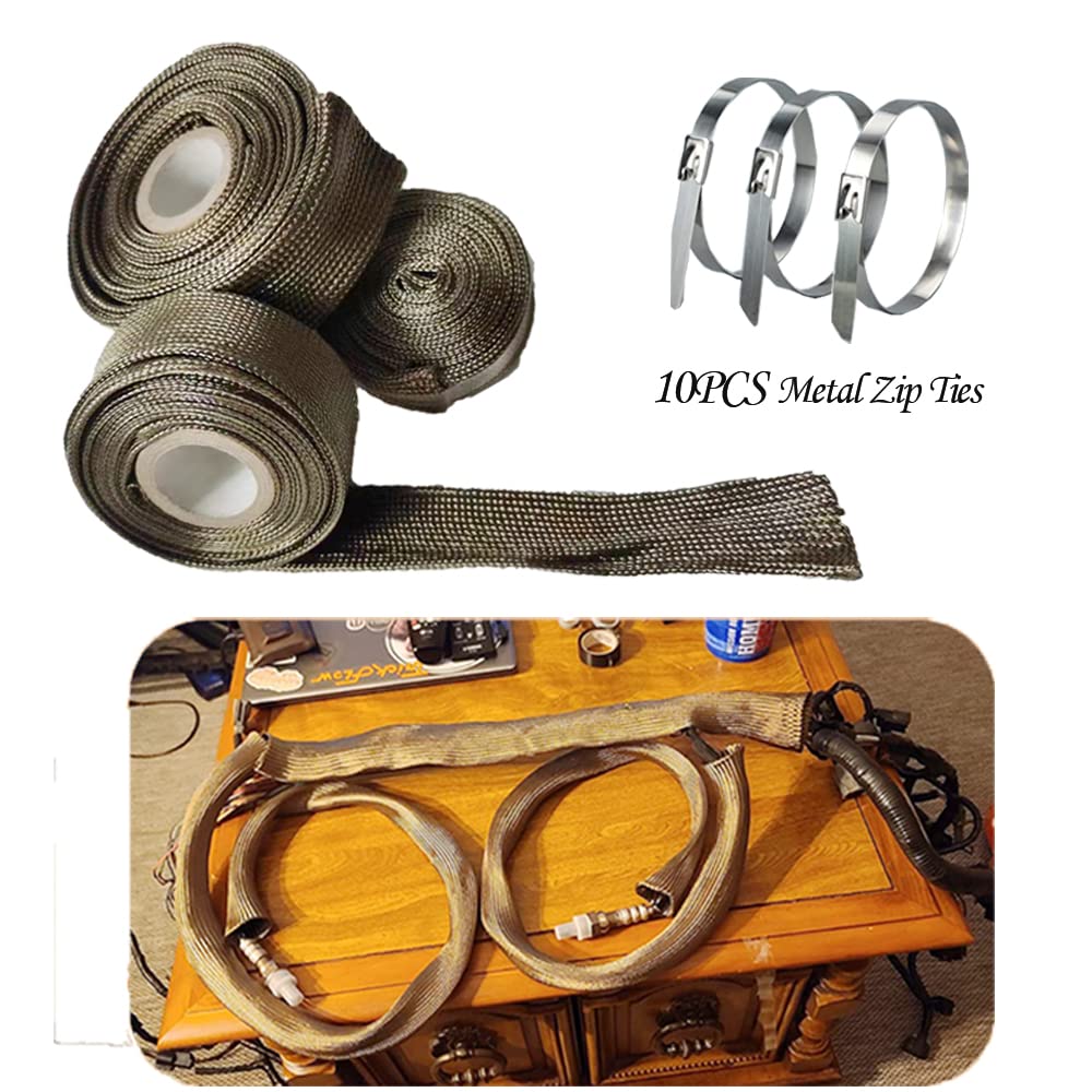 Spark Plug Wire Heat Shield Heat Hose 2500 Degree Basalt fiber Wrap Heat Sleeve Adjustable Fuel Line Heat Shield for Car&Auto Wire Loom Protection (1" IDX10' Titanium)