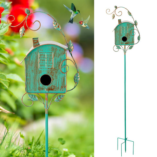 OUTSTAUES Metal Bird Houses for Outside with Pole, Squirrel-Proof Birdhouses for Outdoors Patio Yard Garden Decorations, Green