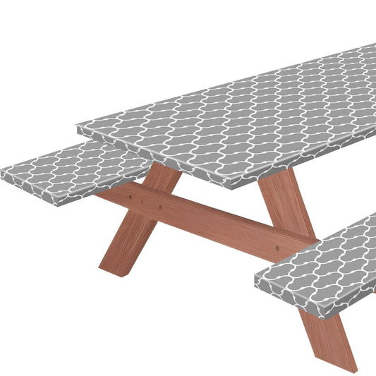 3 PCS Picnic Table Cover with Bench Covers Waterproof Camping Tablecloth Flannel Backing Elastic Edge Wipeable Plastic Cover Vinyl Tablecover Fitted 30''x72'' Rectangle Tables (Grey Moroccan, 6 FT)