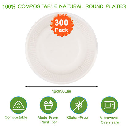 300 Pack Compostable Disposable Paper Plates, Heavy-Duty Bagasse Natural Biodegradable Eco-Friendly Sugarcane Plates for Party Dinner Birthday, 6 inch (White)