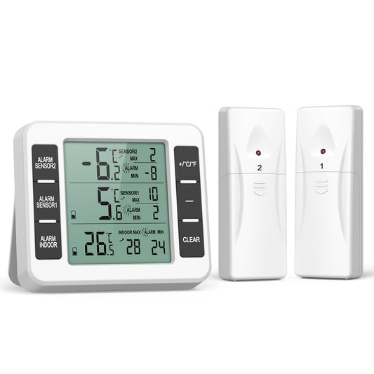 ORIA Refrigerator Thermometer, Digital Freezer Thermometer with 2 Remotes Sensors, Audible Alarm, Min and Max Record, LCD Display for Home, Restaurants, Bars, Cafes (White)