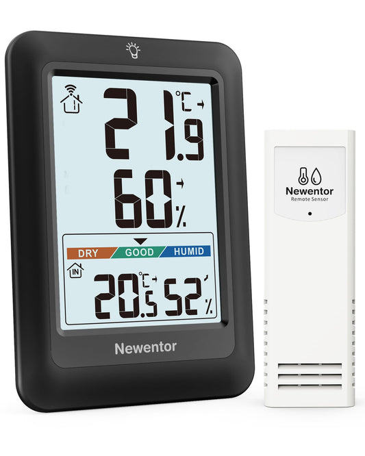 Newentor Indoor Outdoor Thermometer Wireless, Outside Inside Thermometers with Comfort Indicator, 4in Remote Temperature Monitor Hygrometer, Weather Station for Home Patio, Black