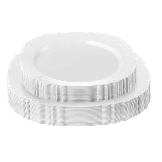 PLASTICPRO 32 Pack Elegant Disposable Plastic Plates Combo Set Includes 16 Dinner Plates and 16 Salad Heavy Duty Fancy Party Plates White Embossed Victorian Design