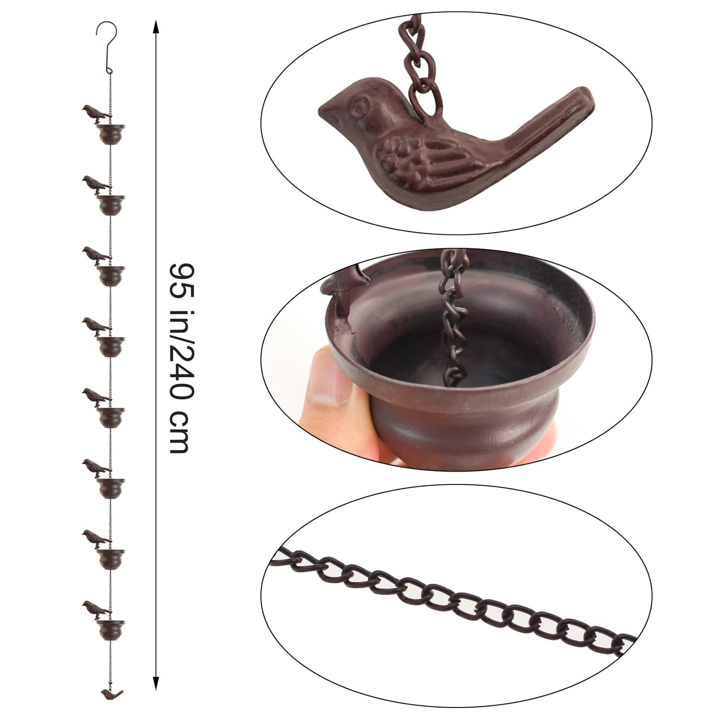 MrMrKura 8 FT Rain Chains for Gutters Birds Rain Chain Gutter Adapter Rain Chimes for Outside, Metal Rain Catcher Gutter Chain Downspout for Heavy Rain