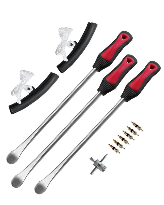 ROTATION 14.5" Steel Tire Spoons Tool Set, 6-Piece Tire Iron Kit, Professional Tire Removal Tools for Motorcycle Dirt Bike Scooter, Include 3 Tire Spoons, 2 Rim Protector, 1 Valve Tool, 6 Valve Cores