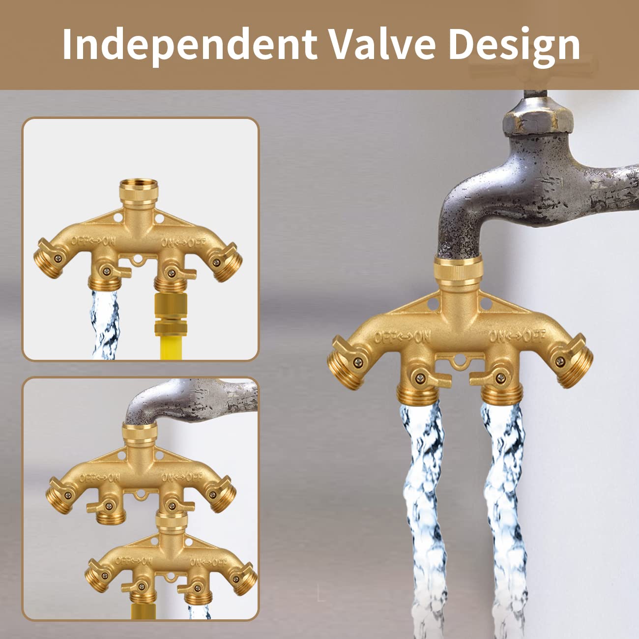 Garden Hose Splitter 4 Way, 3/4" Water Splitter with 8 Gaskets and 1 Seal Tape, 4 Way Independent Valve Heavy Duty Brass Body Garden Hose Connector for Gardens, Home Life, Household Use