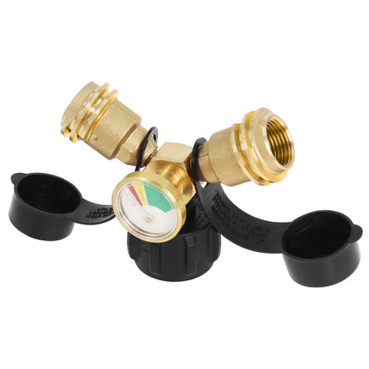 Propane Tank Y Splitter Adapter with Gauge, Propane Tank Gauge Connector with Shut-Off Valve - LP Gas Adapter Tee Connector for Heaters, Camping Stoves, BBQ Grills, Gas Burners