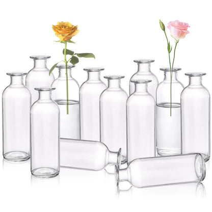 Peohud Set of 12 Glass Bud Vases, Clear Small Flower Vases, Decorative Glass Bottles Floral Vases for Home Decor, Wedding Reception, Centerpieces, Party