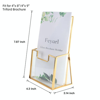 Feyarl Gold Glass Brochure Holders 4x9inch Pamphlets Cards Literature Flyer Trifold Holder Glass Display Stand for Brochures Magazines Literatures Display Countertop