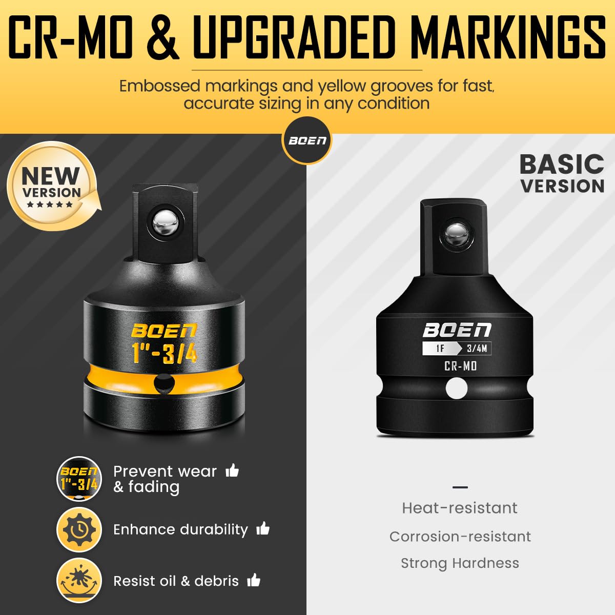 BOEN PRO 1" F to 3/4" M Impact Socket Reducer, Impact Driver Conversions for Impact Wrench, CR-MO Steel, Embossed and Painted Marking
