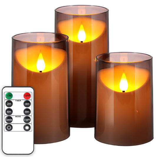 NURADA Flameless Candles with Remote Timer: 3D Wick Battery Operated Led Pillar Candle Unbreakable Acrylic Fake Candle Set for Home Decoration Romantic Ambiance - Grey 3 Pack