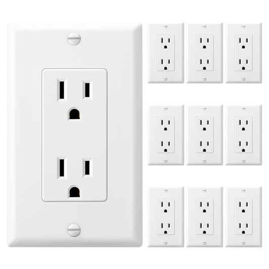 Dewenwils Decorator Receptacle Outlet with Wall Plate, 15 Amp Standard Electrical Wall Outlet, Non-Tamper Resistant, UL Listed, White (10 Pack)