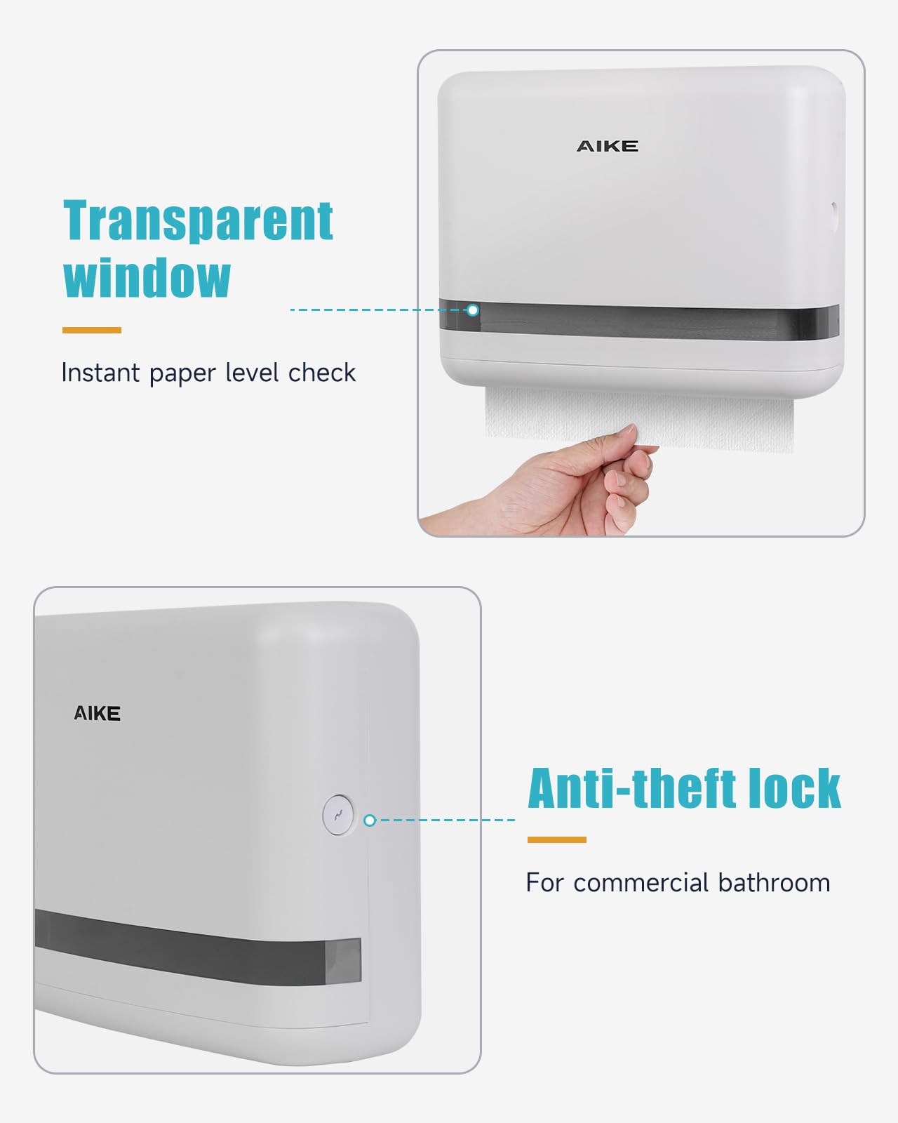 AIKE 200 Sheets Multifold Wall Mount Paper Towel Dispenser,with Lock for Home and Commercial,White(Folded Size L 23cm x W 9cm Or Smaller)